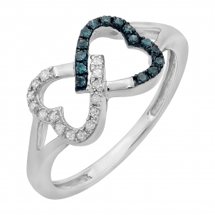 0.15 Carat (ctw) Sterling Silver Round White & Blue Diamond Ladies Promise Two Double Heart Infinity Love Engagement Ring