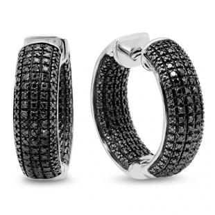0.36 Carat (ctw) Sterling Silver Round Black Diamond Ladies Micro Pave Hoop Earrings 1/3 CT