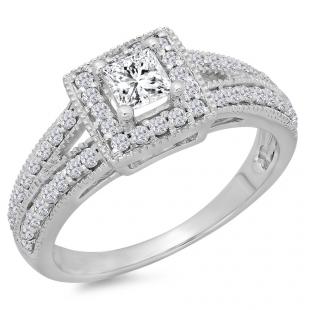 0.80 Carat (ctw) 18K White Gold Princess & Round Cut Diamond Ladies Split Shank Bridal Halo Engagement Ring 3/4 CT