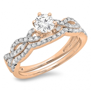 0.90 Carat (ctw) 10K Rose Gold Round Cut Diamond Ladies Bridal Twisted Swirl Engagement Ring Matching Wedding Band Set