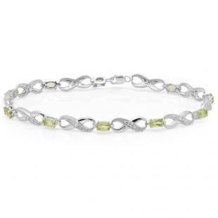 2.38 Carat (ctw) Sterling Silver Real Oval Cut Peridot & Round Cut White Diamond Ladies Infinity Link Tennis Bracelet