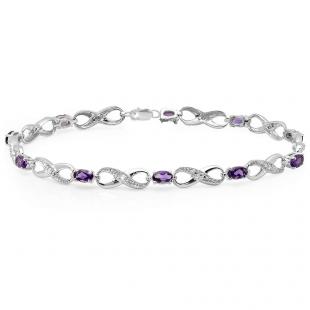 2.26 Carat (ctw) Sterling Silver Real Oval Cut Amethyst & Round Cut White Diamond Ladies Infinity Link Tennis Bracelet