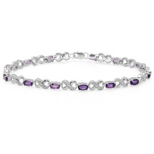 2.94 Carat (ctw) Sterling Silver Real Oval Cut Amethyst & Round Cut White Diamond Ladies Infinity Link Tennis Bracelet