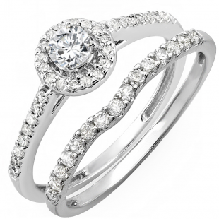 0.60 Carat (ctw) 14K White Gold Round Diamond Ladies Bridal Halo Engagement Ring With Matching Band Set