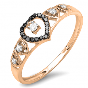 0.15 Carat (ctw) 18K Rose Gold Round Black & White Diamond Ladies Bridal Wave Heart Promise Ring