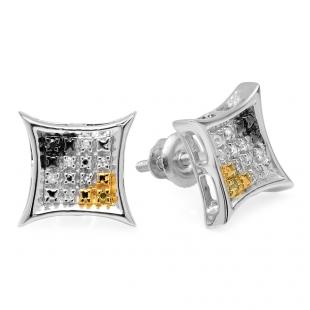 0.06 Carat (ctw) Sterling Silver Round Cut Black White & Yellow Diamond Mens Kite Shape Hip Hop Stud Earrings
