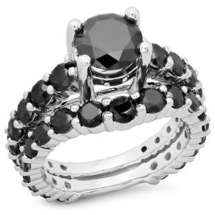 5.25 Carat (ctw) 18K White Gold Round Cut Black Diamond Ladies Bridal Engagement Ring With Matching Band Set