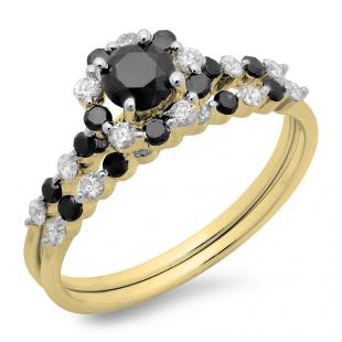 1.10 Carat (ctw) 10K Yellow Gold Round Black & White Diamond Ladies Bridal Halo Engagement Ring With Matching Band Set 1 CT