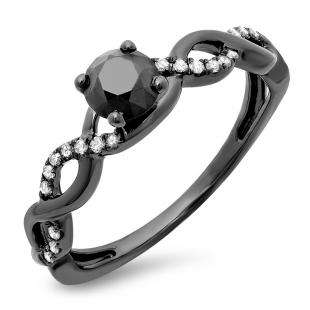 0.65 Carat (ctw) Black Rhodium Plated 10K White Gold Round Black & White Diamond Ladies Crossover Swirl Bridal Engagement Ring