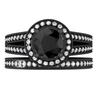 1.50 Carat (ctw) Black Rhodium Plated 10K White Gold Round White & Black Diamond Ladies Split Shank Halo Style Bridal Engagement Ring Set With Matching Band 1 1/2 CT