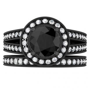 2.25 Carat (ctw) Black Rhodium Plated 10K White Gold Round White & Black Diamond Ladies Split Shank Halo Style Bridal Engagement Ring Set With Matching Band
