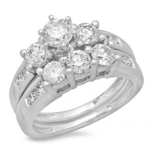 2.25 Carat (ctw) 10K White Gold Round Cut Diamond Ladies Bridal 3 Stone Engagement Ring With Matching Band Set 2 1/4 CT