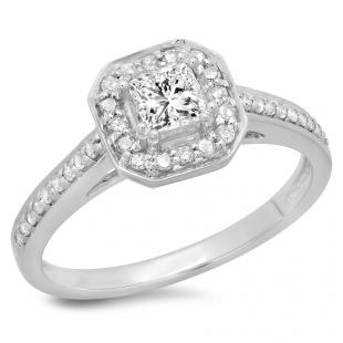 0.80 Carat (ctw) 18K White Gold Princess & Round Cut Diamond Ladies Bridal Halo Engagement Ring