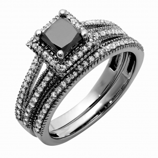 1.35 Carat (ctw) Black Rhodium Plated 18K White Gold Princess Cut Black & Round White Diamond Ladies Split Shank Halo Style Bridal Engagement Ring With Matching Band Set