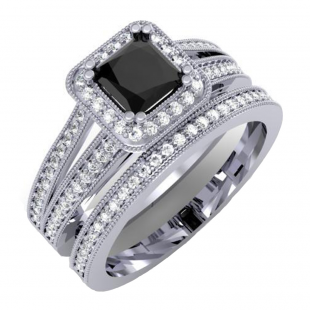 1.35 Carat (ctw) 18K White Gold Princess Cut Black & Round White Diamond Ladies Split Shank Halo Style Bridal Engagement Ring With Matching Band Set