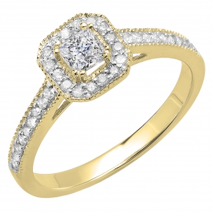 0.50 Carat (ctw) 14K Yellow Gold Princess & Round Diamond Ladies Halo Style Bridal Engagement Ring 1/2 CT