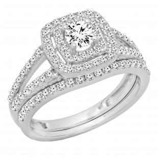 IGI CERTIFIED 1.00 Carat (ctw) 10K White Gold Round Cut Diamond Ladies Bridal Split Shank Halo Engagement Ring With Matching Band Set 1 CT