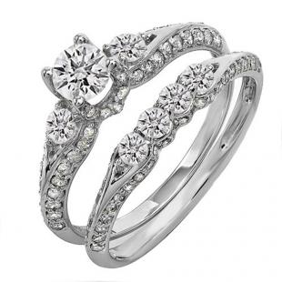 1.45 Carat (ctw) 14K White Gold Round Diamond Ladies 3 Stone Bridal Engagement Ring Set With Matching Band 1 1/2 CT