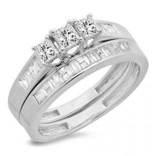 0.90 Carat (ctw) 18K White Gold Princess & Baguette Cut Diamond Ladies Bridal 3 Stone Engagement Ring With Matching Band Set