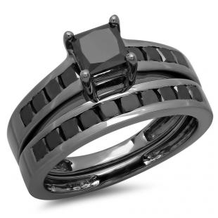 2.35 Carat (ctw) Black Rhodium Plated Sterling Silver Princess Cut Black Diamond Ladies Bridal Engagement Ring With Matching Band Set