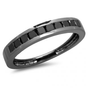 0.90 Carat (ctw) Black Rhodium Plated Sterling Silver Princess Cut Black Diamond Ladies Bridal Anniversary Wedding Band Ring