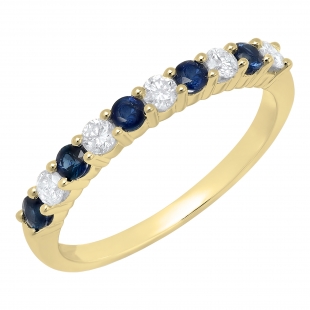 18K Yellow Gold Round Cut Blue Sapphire & White Diamond Ladies Stackable Anniversary Wedding Band
