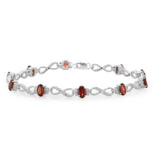 6.41 Carat (ctw) Sterling Silver Real Oval Cut Genuine Garnet & Round White Diamond Ladies Link Bracelet