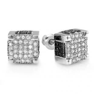 0.97 Carat (ctw) 14K White Gold Round Black & White Diamond Mens Micro Pave Ice Cube Hip Hop Stud Earrings 1 CT