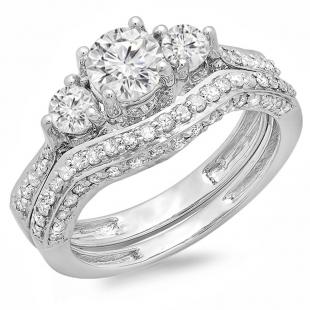 1.75 Carat (ctw) 14K White Gold Round White Diamond Ladies Vintage 3 Stone Bridal Engagement Ring Set 1 3/4 CT