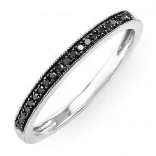 0.12 Carat (ctw) 10K White Gold Round Cut Black Real Diamond Ladies Wedding Anniversary Milgrain Stackable Band