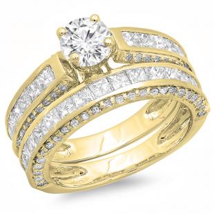 3.25 Carat (ctw) 18K Yellow Gold Princess & Round Diamond Ladies Bridal Engagement Ring Set With Matching Band