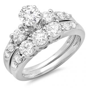 2.30 Carat (ctw) 18K White Gold Round Diamond Ladies 3 Stone Bridal Engagement Ring Matching Band Set