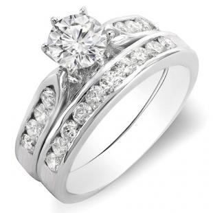 1.40 Carat (ctw) 14K White Gold Round Diamond Ladies Bridal Engagement Ring Set With Matching Band