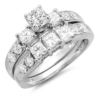2.50 Carat (ctw) 10K White Gold Princess & Round Diamond 3 Stone Ladies Engagement Bridal Ring Set Matching Band