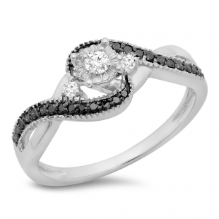 0.33 Carat (ctw) 14K White Gold Round Cut Black & White Diamond Ladies Bridal Twisted Swirl 3 Stone Engagement Ring 1/3 CT