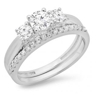 1.00 Carat (ctw) 18K White Gold Round Cut Diamond Ladies Bridal 3 Stone Engagement Ring Matching Band Set 1 CT