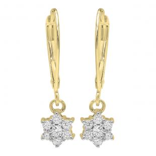 0.30 Carat (ctw) 18K Yellow Gold Round Cut Diamond Ladies Cluster Flower Dangling Drop Earrings 1/3 CT