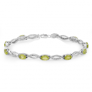 4.82 Carat (ctw) Sterling Silver Real Oval Cut Genuine Peridot & Round White Diamond Ladies Link Bracelet