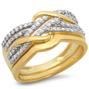 0.35 Carat (ctw) 14K Yellow Gold Round White Diamond Ladies Swirl Crossover Bridal Wedding Band With Plain Contour Wedding Band Set 1/3 CT