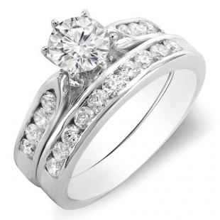 1.00 Carat (ctw) 14k White Gold Round Diamond Ladies Bridal Engagement Ring Set With Matching Band 1 CT
