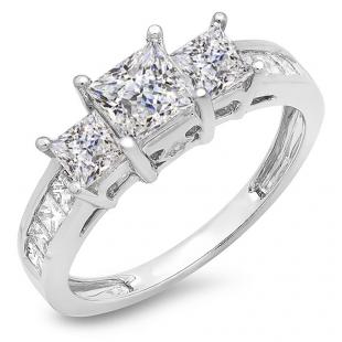 2.00 Carat (ctw) 14k White Gold Princess & Round Diamond Ladies Bridal 3 Stone Engagement Ring 2 CT