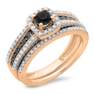 1.15 Carat (ctw) 18K Rose Gold Round White & Black Diamond Ladies Halo Style Bridal Engagement Ring With Matching Band Set