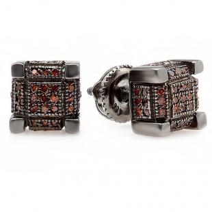 0.25 Carat (ctw) Black Rhodium Plated Sterling Silver Real Round Red Diamond Iced Mens Hip Hop Cube Dice Shape Stud Earrings 1/4 CT