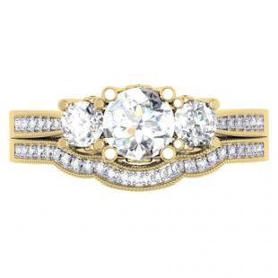 1.00 Carat (ctw) 18K Yellow Gold Round Diamond Ladies Vintage 3 Stone Bridal Engagement Ring Set 1 CT