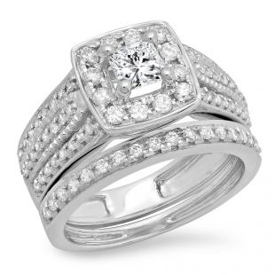 1.25 Carat (ctw) 14K White Gold Princess & Round Cut Diamond Ladies Halo Style Bridal Engagement Ring With Matching Band Set 1 1/4 CT