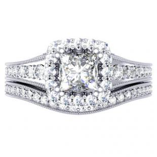 1.50 Carat (ctw) 14K White Gold Princess & Round Diamond Ladies Halo Bridal Engagement Ring Set 1 1/2 CT