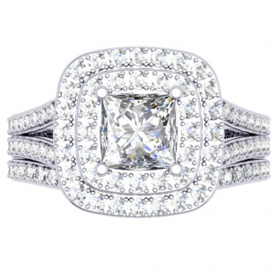 1.70 Carat (ctw) 18K White Gold Princess & Round Cut Diamond Ladies Split Shank Halo Bridal Engagement Ring With Matching Band Set