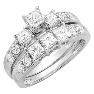 2.00 Carat (ctw) 14K White Gold Princess & Round Diamond 3 Stone Ladies Engagement Bridal Ring Set Matching Band 2 CT