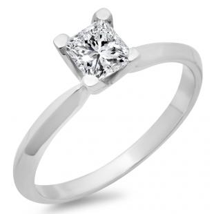 IGI CERTIFIED 0.50 Carat (ctw) 14K White Gold Princess Cut Diamond Ladies Bridal Solitaire Engagement Ring 1/2 CT