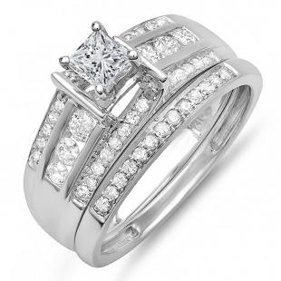 1.00 Carat (ctw) 10k White Gold Princess & Round Diamond Ladies Bridal Ring Set Matching Band